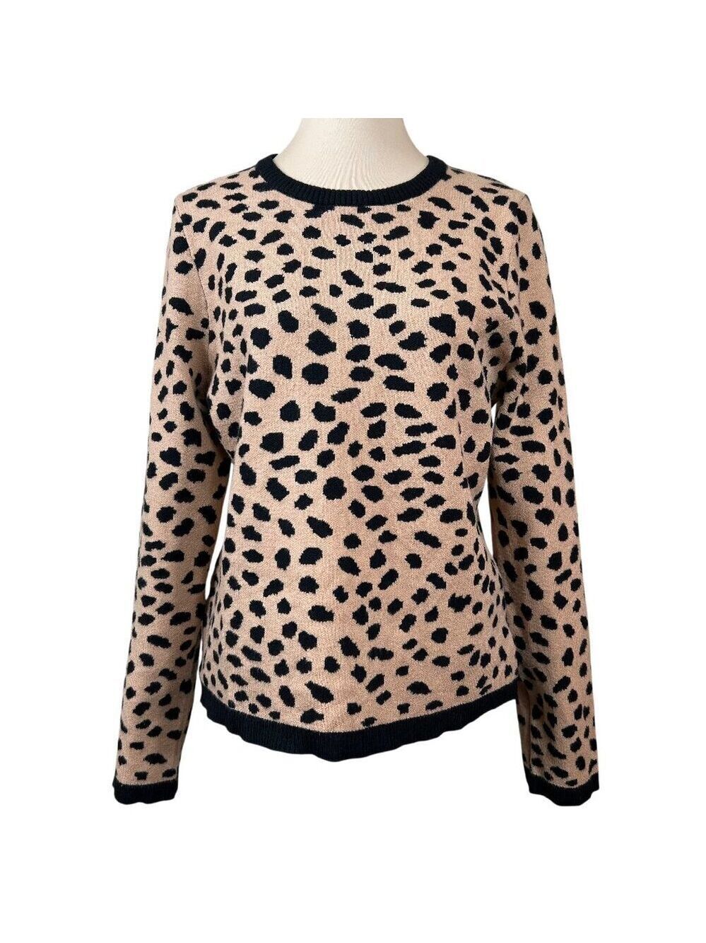 Halston Cheetah Animal Print Black Brown Long Sleeve Crewneck Sweater Size L